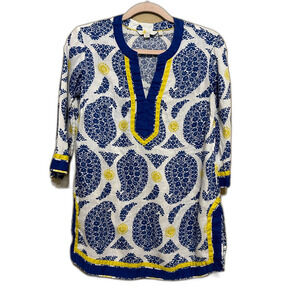 Boden 100% Linen Paisley Tunic Top Womens UK 10P US 6P Petite Coastal Beachy